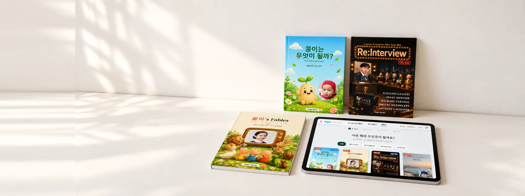 뚝딱 책 세 권과 태블릿 화면