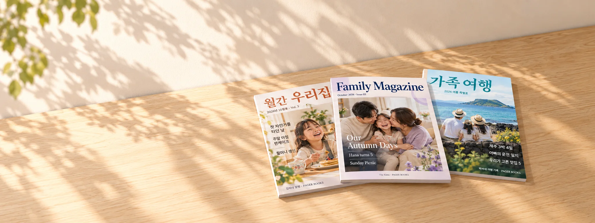 사진으로 만든 가족 매거진 세 권